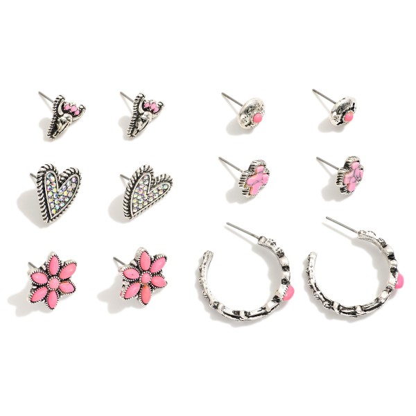 Wholesale set Six Western Stud Hoop Earrings Stone Accents L
