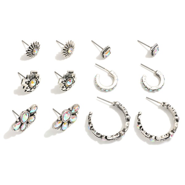 Wholesale set Six Western Stud Hoop Earrings Stone Accents L