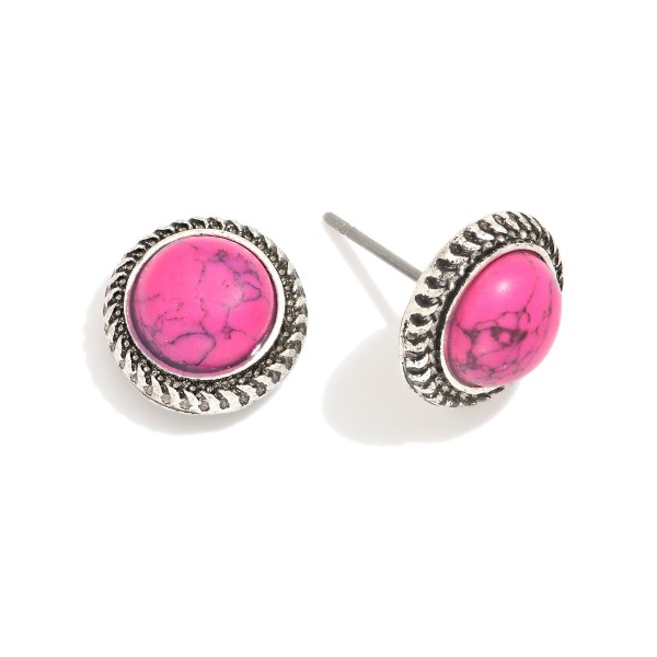 Wholesale western Stone Stud Earrings Textured Metal Border L