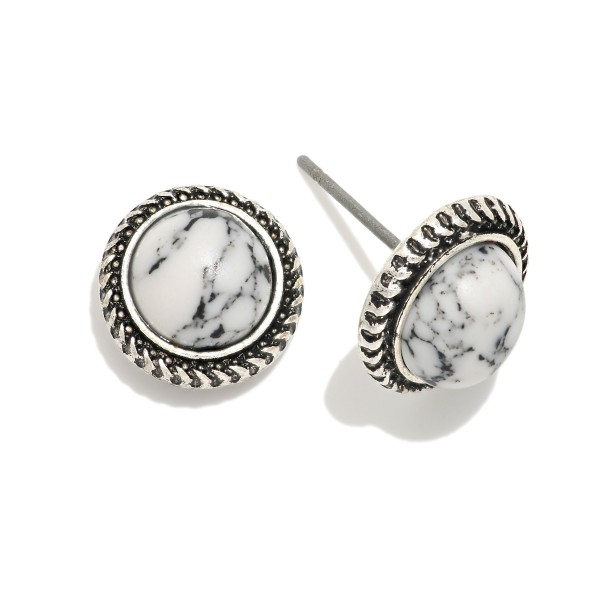 Wholesale western Stone Stud Earrings Textured Metal Border L