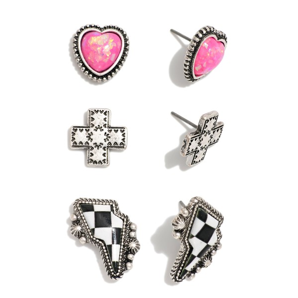 Wholesale set Three Western Stud Earrings Hearts Glitter Hearts Checker Lighting
