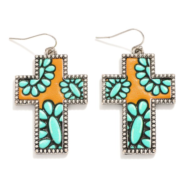 Wholesale embossed Vegan Leather Cross Drop Earrings Printed Turquoise Detail L