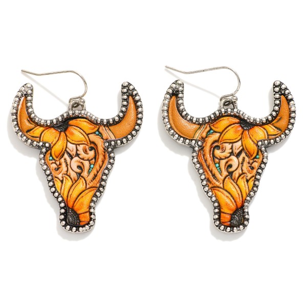 Wholesale embossed Vegan Leather Sunflower Cow Head Drop Earrings L