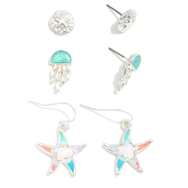 Set of Three Beach Stud Earrings Featuring Jellyfish  & Starfish

- Approximately .5- 1." L