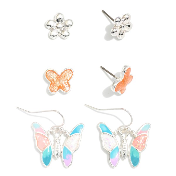 Set of Three Beach Stud Earrings Featuring Flower & Butterflies  

- Approximately .5"-1. L