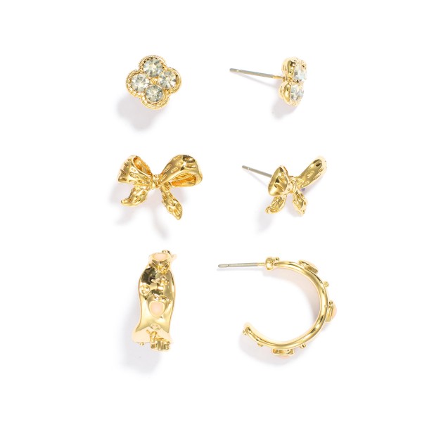 Wholesale set Three Earrings Rhinestone Clovers Metal Bows Hoops L