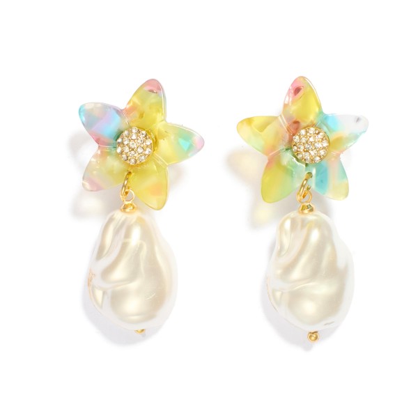 Wholesale linked Acetate Flower Baroque Pearl Post Drop Earrings L