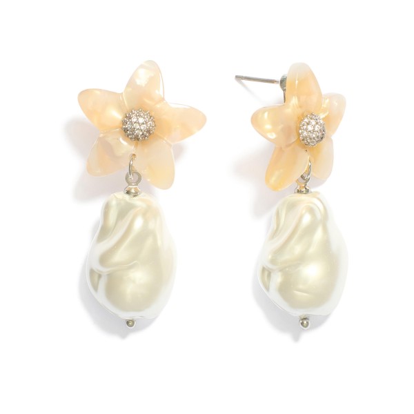 Wholesale linked Acetate Flower Baroque Pearl Post Drop Earrings L