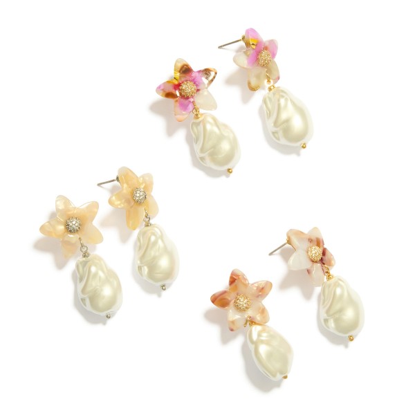 Linked Acetate Flower & Baroque Pearl Post Drop Earrings
- Approximately 2" L