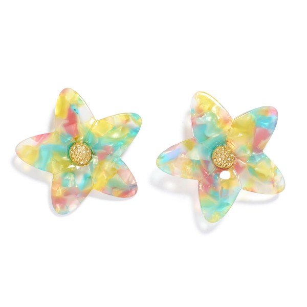 Wholesale marbled Acetate Flower Post Drop Earrings Pave Rhinestone Center L