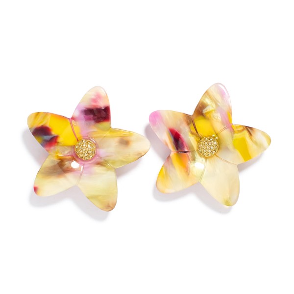 Wholesale marbled Acetate Flower Post Drop Earrings Pave Rhinestone Center L