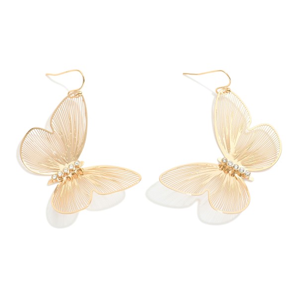 Metal Tone Butterfly Drop Earring With Cut Out Details & Rhinestones 

- Approximately 2" L