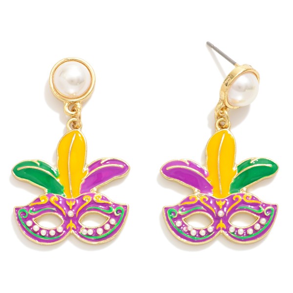 Wholesale enamel Mardi Gras Mask Post Drop Earrings Pearl Post L