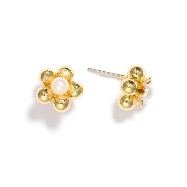 Wholesale metal Flower Stud Earrings Pearl Accent Gold Dipped L