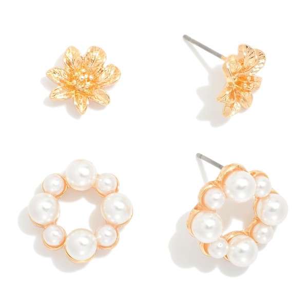 Wholesale metal Flower Post Drop Earrings Pearl Studded Hoop Accent L