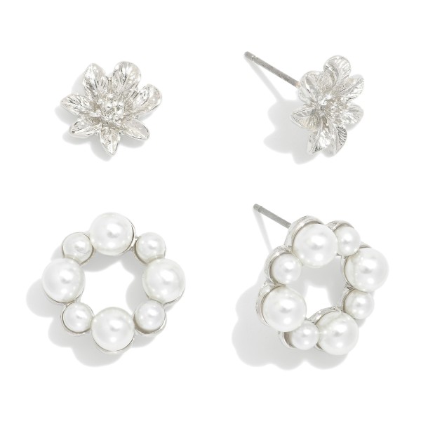 Wholesale metal Flower Post Drop Earrings Pearl Studded Hoop Accent L
