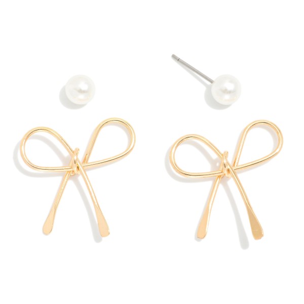 Wholesale set Two Earrings Pearl Studs Metal Bow Drop Earrings L L