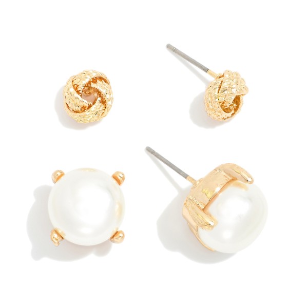 Set Of Two Stud Earrings Featuring Large Pearl Studs & Metal Tone Knotted Studs 

- Approximately .25" - .5" L