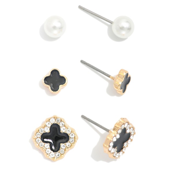Wholesale set Three Stud Earrings Enamel Clovers Pearls L