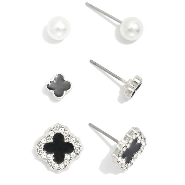 Set Of Three Stud Earrings Featuring Enamel Clovers & Pearls 

- Approximately .25 - .50" L