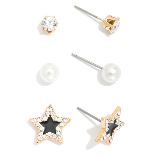 Wholesale set Three Stud Earrings Enamel Stars Rhinestones Pearls L
