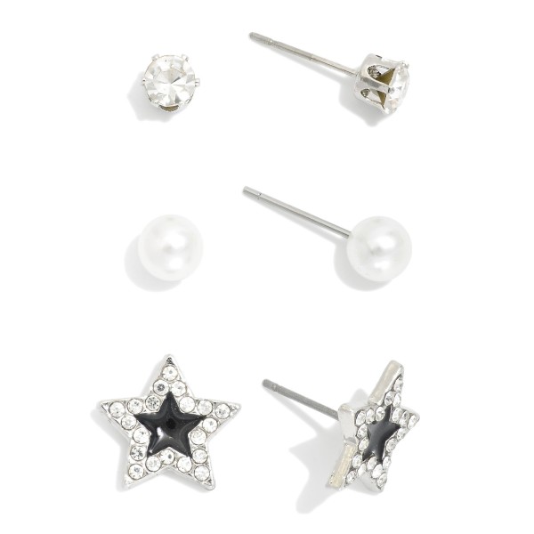 Wholesale set Three Stud Earrings Enamel Stars Rhinestones Pearls L