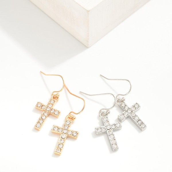 Rhinestone Studded Cross Drop Earrings 
- Approximately 1" L