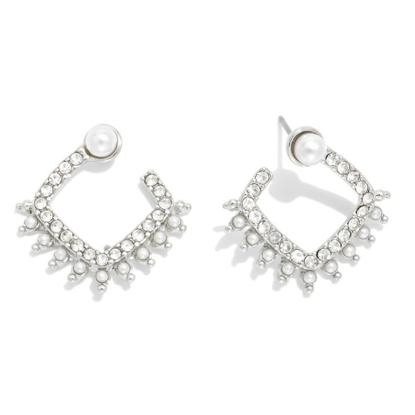Wholesale hollow Rhinestone Studded Open Square Drop Earrings Pearl Accents L