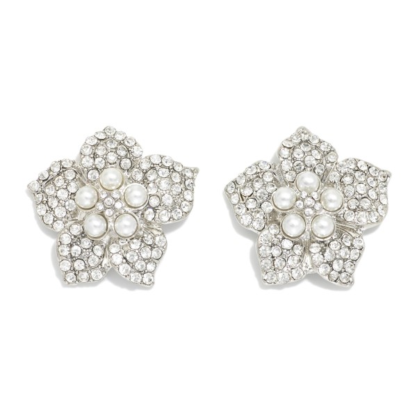 Wholesale rhinestone Studded Flower Drop Earrings Pearl Details L