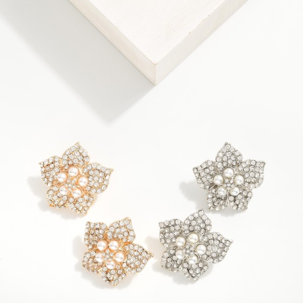 Rhinestone Studded Flower Drop Earrings Featuring Pearl Details
- Approximately 1.25" L
