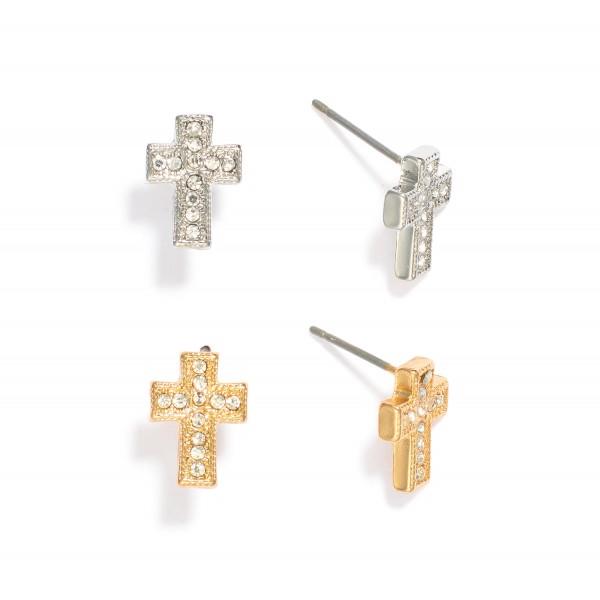 Wholesale set Two Metal Cross Stud Earrings Rhinestone Details L