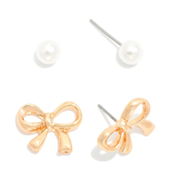 Wholesale set Two Stud Earrings Metal Bow Pearl Stud Earrings L