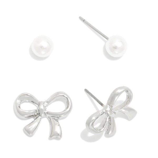 Wholesale set Two Stud Earrings Metal Bow Pearl Stud Earrings L