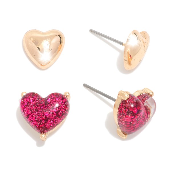Wholesale set Two Heart Stud Earrings Glitter Resin Metal Tones L
