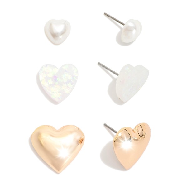 Wholesale set Three Heart Stud Earrings Metal Tones Pearl Glitter L