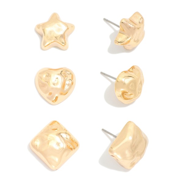 Wholesale set Three Hammered Metal Stud Earrings Stars Hearts L