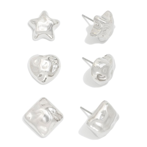 Wholesale set Three Hammered Metal Stud Earrings Stars Hearts L