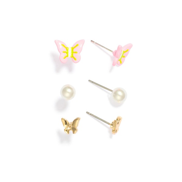 Wholesale set Three Stud Earrings Butterflies Pearls L