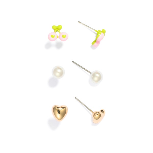 Wholesale set Three Stud Earrings Metal Hearts Cherries Pearls L