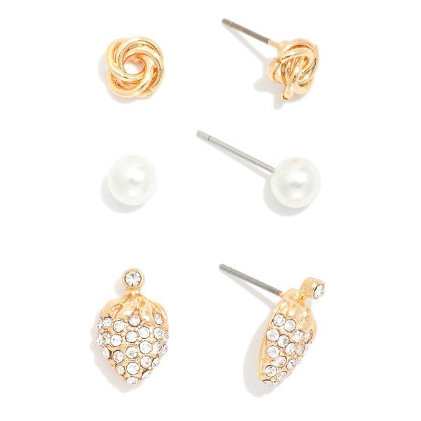 Wholesale set Three Stud Earrings Pearls Rhinestone Strawberries Metal Tones L