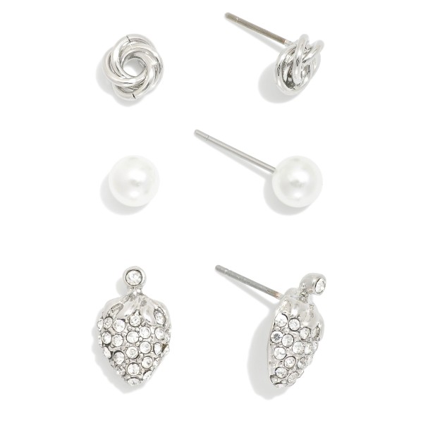 Wholesale set Three Stud Earrings Pearls Rhinestone Strawberries Metal Tones L
