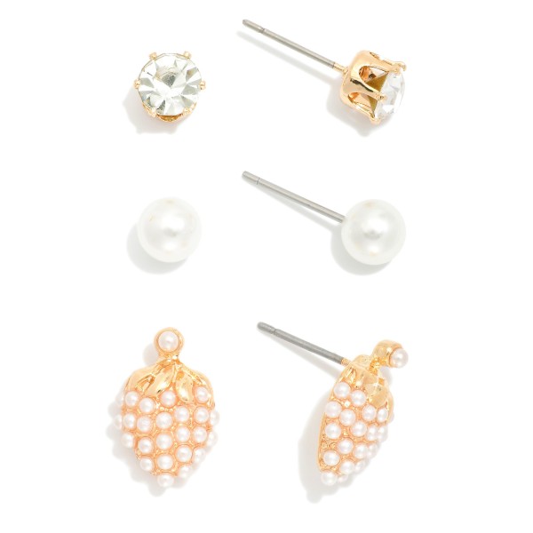 Wholesale set Three Stud Earrings Pearl Strawberries Rhinestones L