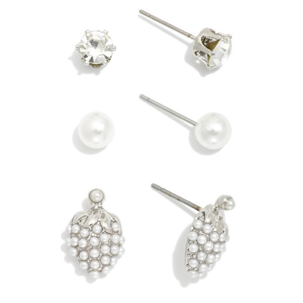 Wholesale set Three Stud Earrings Pearl Strawberries Rhinestones L