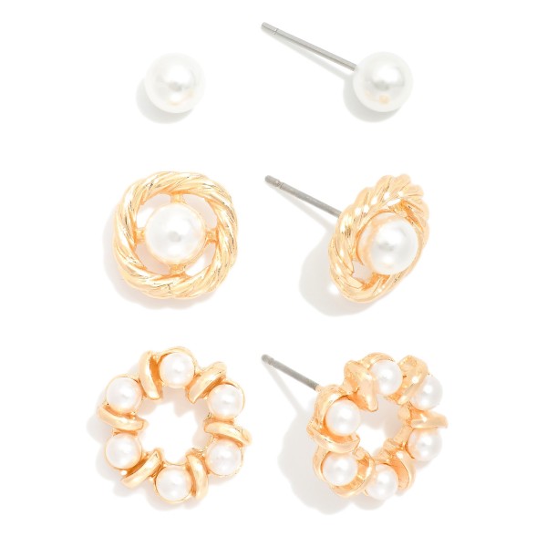 Wholesale set Three Stud Earrings Pearls Metal Tones L