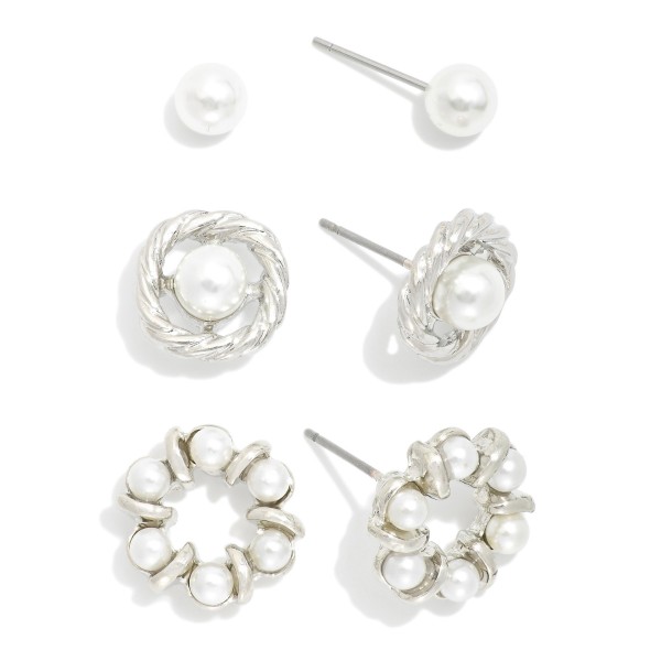 Set Of Three Stud Earrings Featuring Pearls & Metal Tones 

- Approximately .25" - .50" L