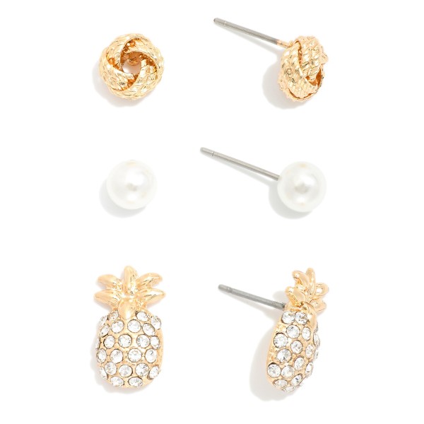 Wholesale set Three Stud Earrings Metal Tones Pearls Rhinestone Pineapples L
