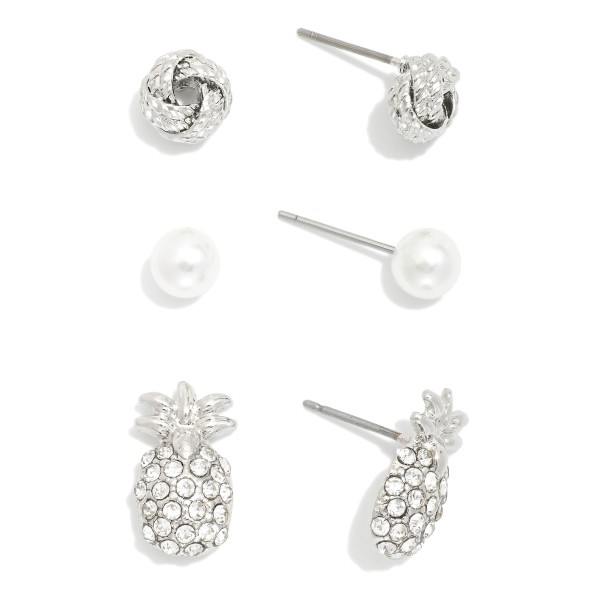 Set Of Three Stud Earrings Featuring Metal Tones, Pearls, & Rhinestone Pineapples 

- Approximately .25 - .50" L