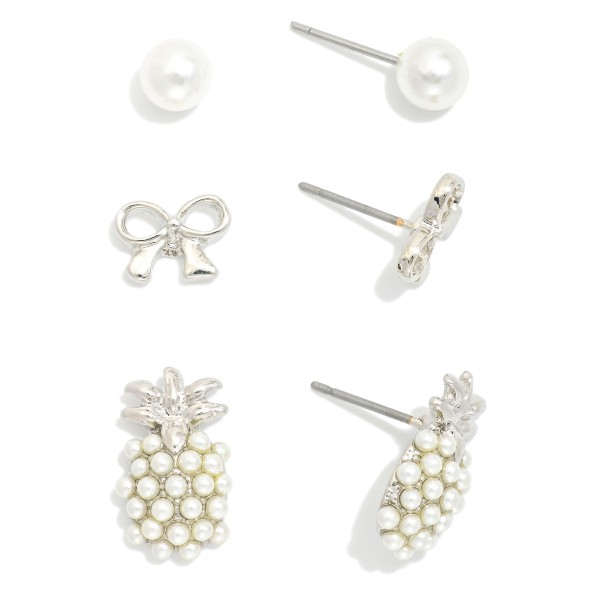 Wholesale set Three Stud Earrings Metal Bows Pearls Pearl Pineapples L