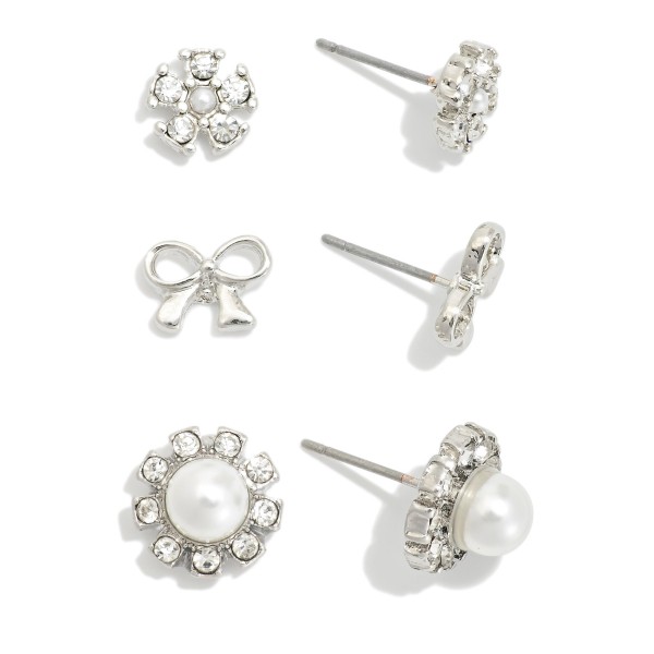 Set Of Three Stud Earrings Featuring Metal Tones, Rhinestones, & Pearls 

- Approximately .25" L