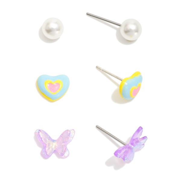 Wholesale set Three Stud Earrings Pearls Butterflies Hearts L